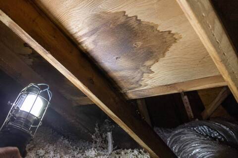 Underside of roof decking in an attic with dark staining around a nail