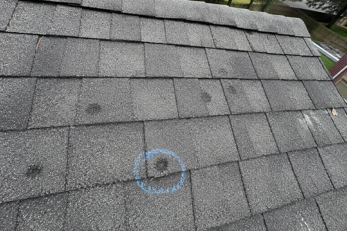 Round impact marks on a shingle slope, one of them circled in chalk