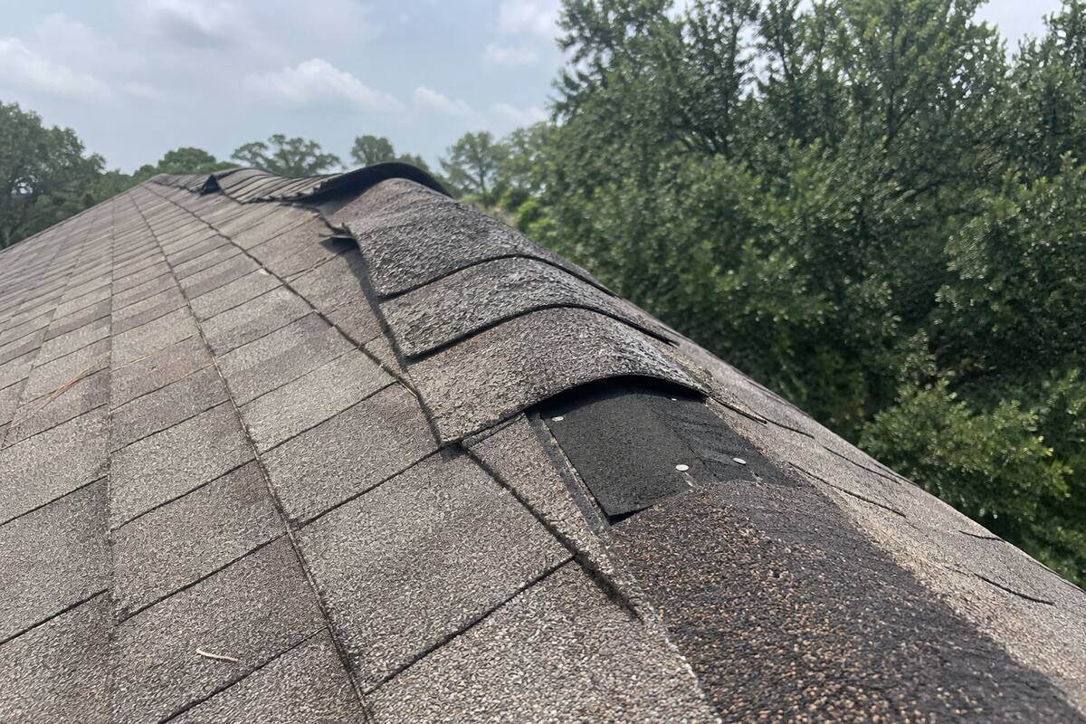Lifted shingles along a roof ridge with nail heads exposed
